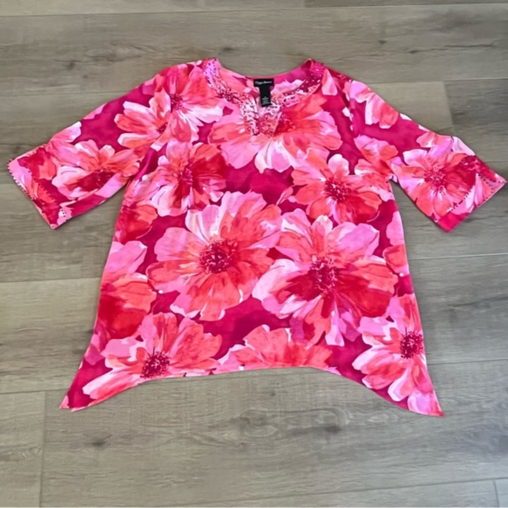 Maggie Barnes 1X Floral Sheer Pink V Neck Beaded Top Fairy Whimsical Tunic‎ Work - Picture 2 of 12